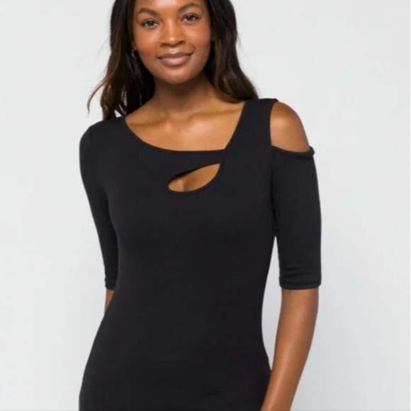 Goldray black modal spandex blend bodycon sheath dress cut out shoulder M - Picture 4 of 8